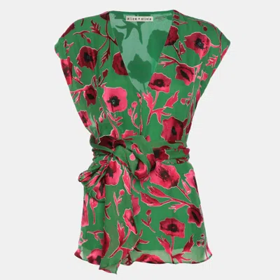 Pre-owned Alice And Olivia Green/pink Poppy Print Silk Blend Essie Wrap Top Xs