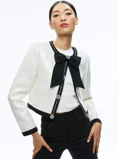 Alice And Olivia Gwyneth Embellished Cropped Bow Jacket In White
