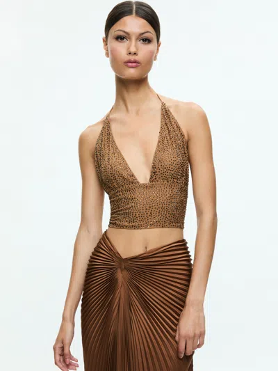 Alice And Olivia Hannah Embellished Top In Tan/crystal