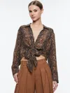 Alice And Olivia Hannon Cropped Tie-detailed Snake-print Cupro Shirt In Brown