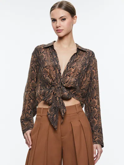 Alice And Olivia Hannon Cropped Tie-detailed Snake-print Cupro Shirt In Brown