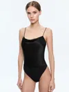 Alice And Olivia Harmon Draped Satin And Stretch-crepe Thong Bodysuit In Black