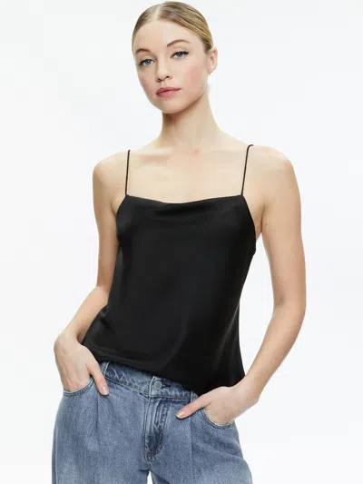 Alice And Olivia Harmon Draped Satin And Stretch-crepe Thong Bodysuit In Black