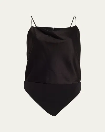 Alice And Olivia Harmon Draped Satin And Stretch-crepe Thong Bodysuit In Black
