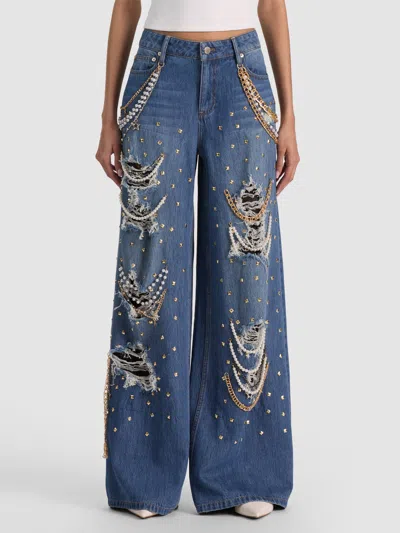 Alice And Olivia Harper Embellished Ripped Jean In Georgetta Vintage Blue