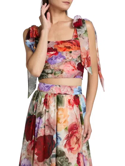 Alice And Olivia Haven Cropped Bustier Top With Tie Straps In Storm Floral In Red