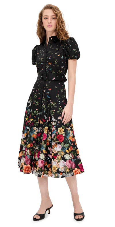 Alice And Olivia Henrietta Full Flare Midi Dress In Solar Strength Black In Multi