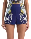 Alice And Olivia Hera Back Zip Shorts Antique Scroll In Blue