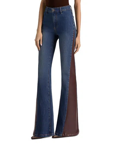 Alice And Olivia High Rise Faux Leather Godet Flare Jeans In Georgetta Vintage Blue/dark Chocolate In Purple