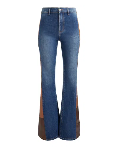 ALICE AND OLIVIA ALICE AND OLIVIA HIGH RISE FAUX LEATHER PATCHWORK FLARE JEANS IN DARBY VINTAGE BLUE