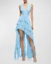 Alice And Olivia Holly Low Neck Asymmetric Ruffled Maxi Dress In Mineral Blue