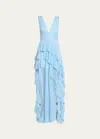 Alice And Olivia Holly Low Neck Asymmetric Ruffled Maxi Dress In Mineral Blue