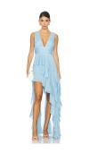 Alice And Olivia Holly Low Neck Asymmetric Ruffled Maxi Dress In Mineral Blue