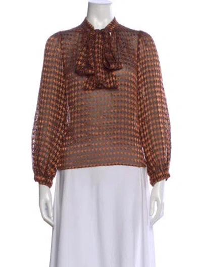 Pre-owned Alice And Olivia Houndstooth Print Tie Neck Blouse In Brown