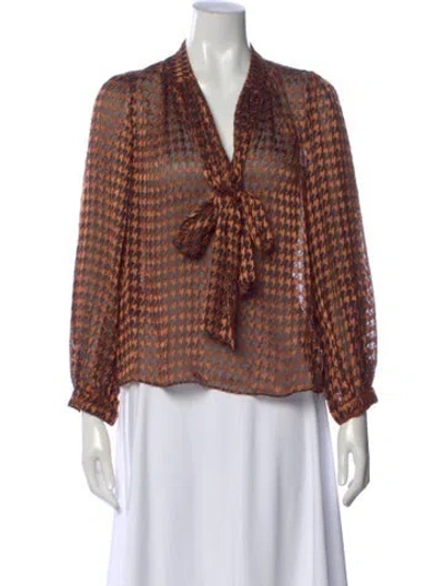 Pre-owned Alice And Olivia Houndstooth Print V-neck Blouse In Brown