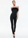 Alice And Olivia Womens Feathered Trim Off-shoulder Jumpsuit In Black