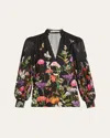 Alice And Olivia Ilan Pleated Blouson Sleeve Button Front Blouse Secret Garden In Secret Garden