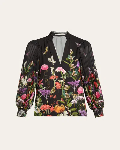 ALICE AND OLIVIA ILAN PLEATED BLOUSON-SLEEVE BLOUSE