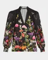 Alice And Olivia Ilan Pleated Blouson Sleeve Button Front Blouse Secret Garden In Secret Garden