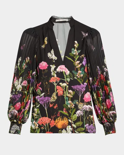 ALICE AND OLIVIA ILAN PLEATED BLOUSON-SLEEVE BLOUSE