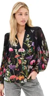 Alice And Olivia Ilan Pleated Blouson Sleeve Button Front Blouse Secret Garden In Secret Garden