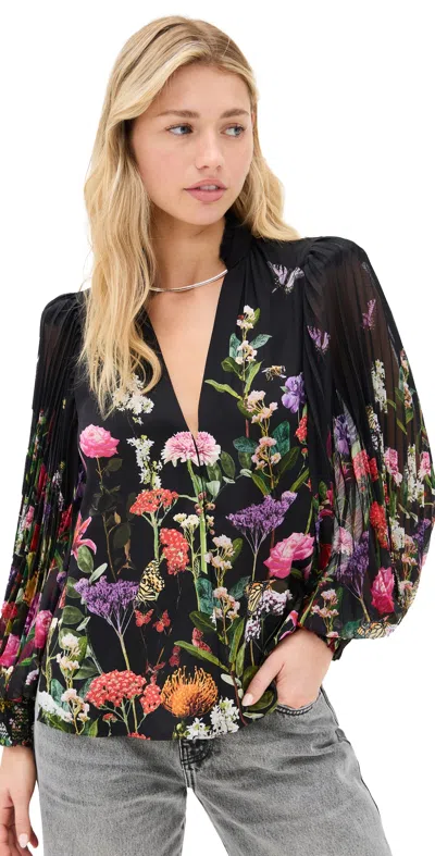 Alice And Olivia Ilan Pleated Blouson Sleeve Button Front Blouse Secret Garden