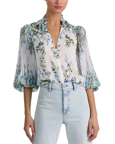Alice And Olivia Ilan Pleated Blouson Sleeve Top In Blue