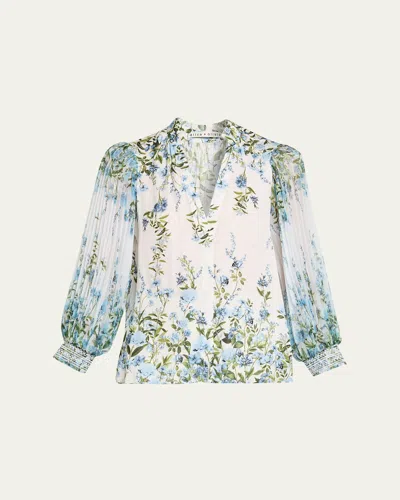 Alice And Olivia Ilan Pleated-sleeve Blouse In Fresh Air Carolina Blue