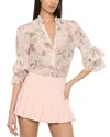 Alice And Olivia Ilan Smocked-sleeve Blouse In Pink Floral