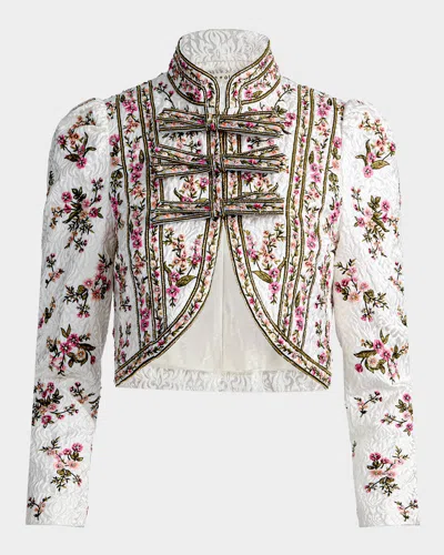 Alice And Olivia Ilaria Embroidered Cropped Jacket In White