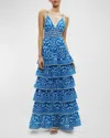 Alice And Olivia Imogene Tiered Maxi Dress In Artisan Ikat French Blue