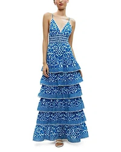 Alice And Olivia Imogene Tiered Maxi Dress In Artisan Ikat French Blue