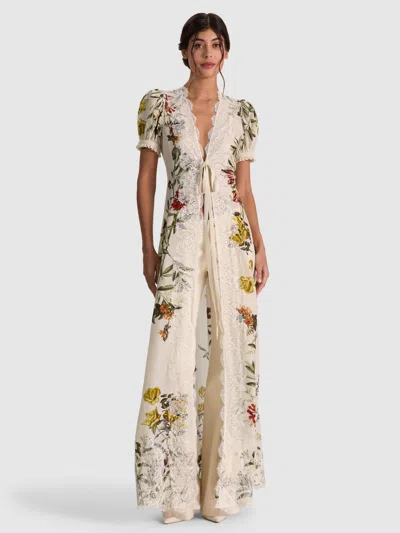 Alice And Olivia Ingrid Lace-trim Floral-print Robe-style Blouse In Neutral
