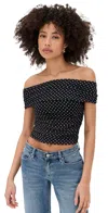 Alice And Olivia Isadola Off-the-shoulder Top In Black/off White Polka Dot