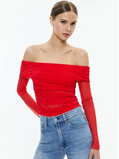 Alice And Olivia Isadola Over The Shoulder Ruched Long Sleeve Top In Bright Ruby