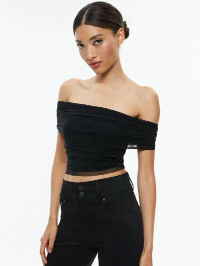 Alice And Olivia Isadola Over The Shoulder Ruched Top In Black