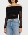 Alice And Olivia Isadola Ruched Off The Shoulder Mesh Crop Top In Black