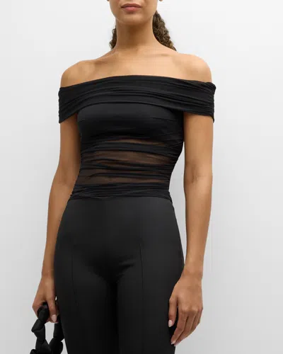 Alice And Olivia Isadola Ruched Mesh Crop Top In Black
