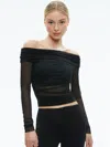 Alice And Olivia Isadola Ruched Off The Shoulder Mesh Crop Top In Black
