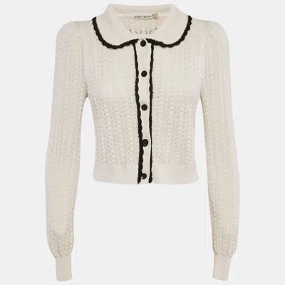 Pre-owned Alice And Olivia Ivory Wool Crochet Knit Goldie Button Front Cardigan S In Cream