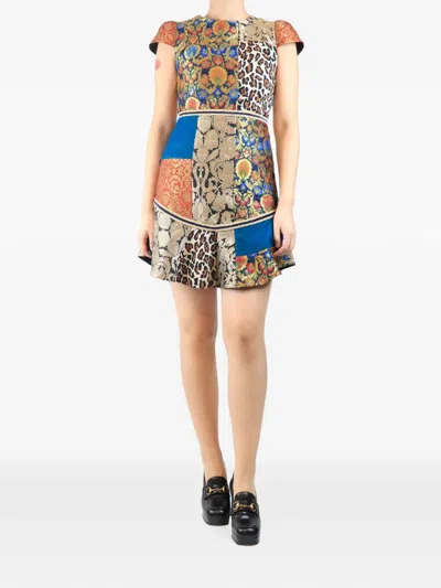 Pre-owned Alice And Olivia Jacquard-patchwork Mini Dress In Blue