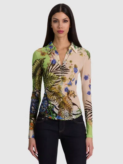 Alice And Olivia Jade Mesh Button Down In Brown