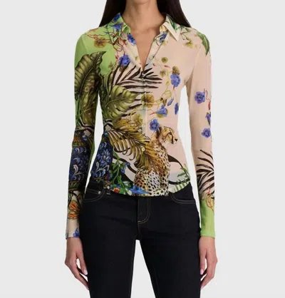 Alice And Olivia Jade Mesh Button Down In Riviera Citrus In Multi
