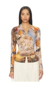 Alice And Olivia Jade Mesh Button Down Renaissance Fair In Blue