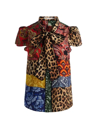 Alice And Olivia Jeannie Piped Bow Collar Cap Sleeve Button Down Blouse In Multi