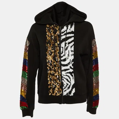 Pre-owned Alice And Olivia Jeans Black Cotton Knit Embellished Zip Front Hoodie M