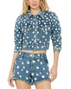 Alice And Olivia Jeff Embroidered Cropped Jacket In Medium Wash
