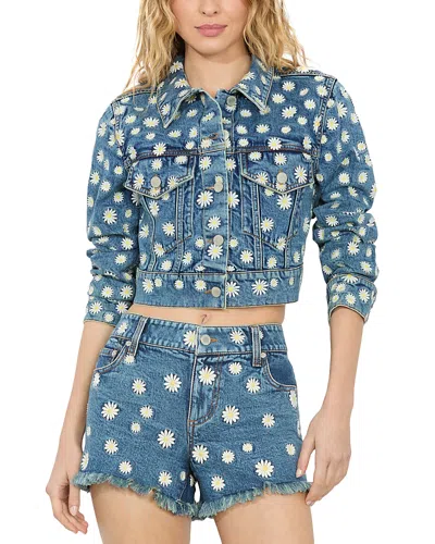 Alice And Olivia Jeff Embroidered Cropped Jacket In Medium Wash