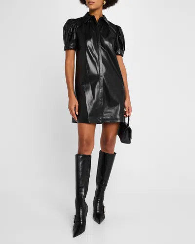 Alice And Olivia Jem Vegan Leather Puff-sleeve Shirtdress In Black