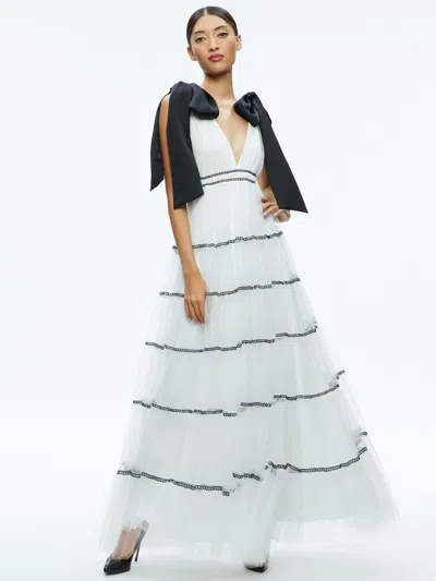 Alice And Olivia Jessalyn Bow Strap Tiered Maxi Gown In Off White